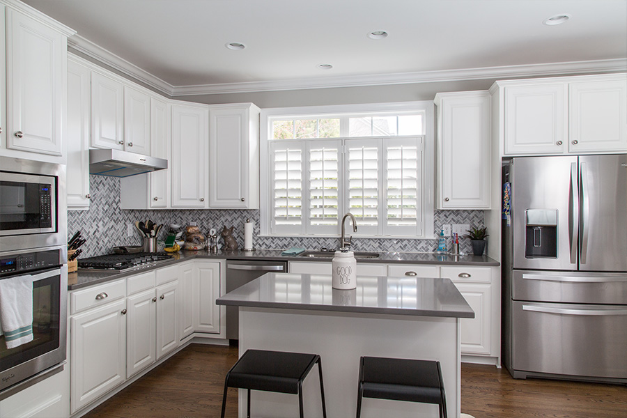 White polywood shutters in a modern kitchen