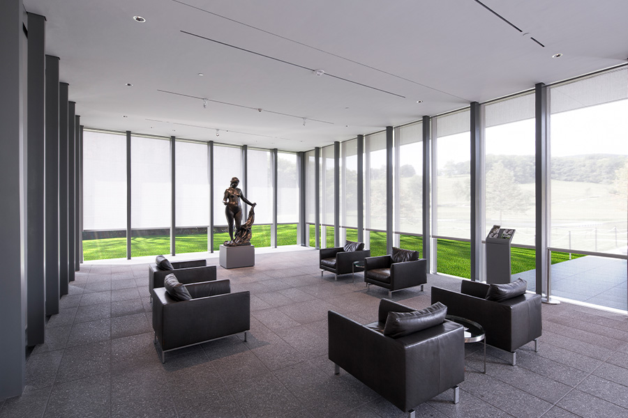 White window shades on office waiting room windows