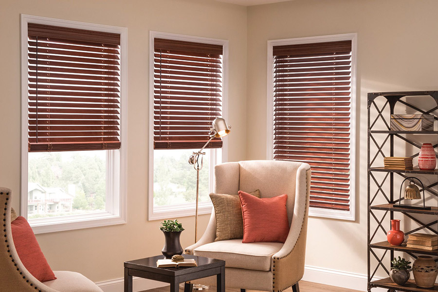 dark wooden blinds in a small living room