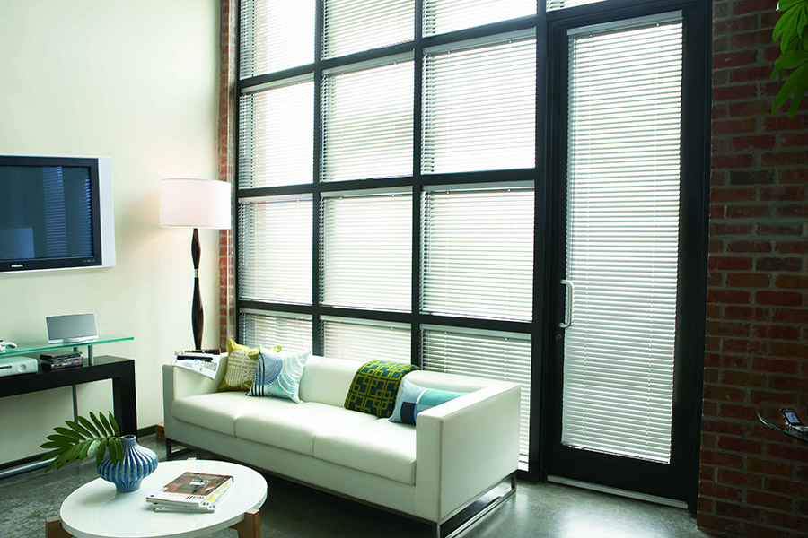 White blinds on black living room windows