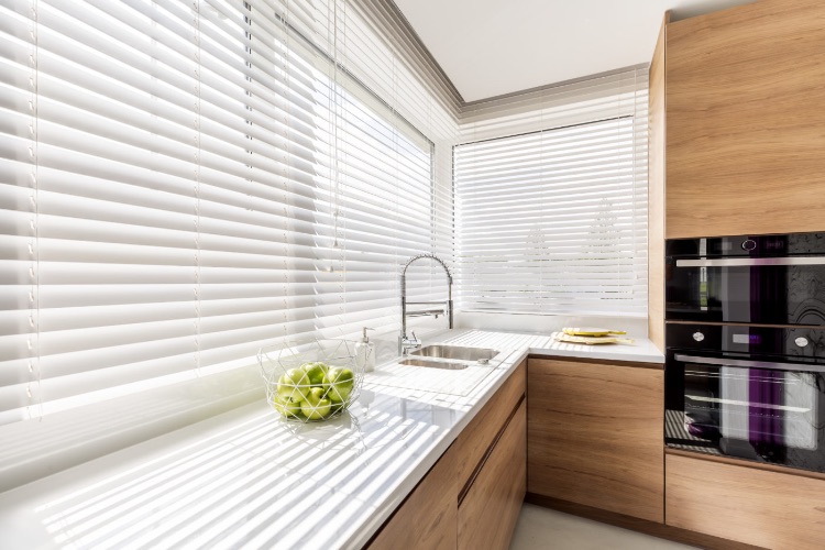 Faux wood blinds in a kitchen