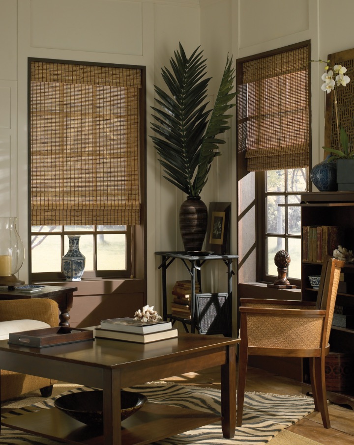 Woven shades in a study