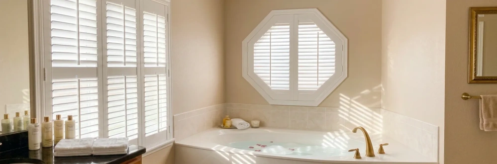 Octagon window with polywood white shutters above a white whirlpool tub