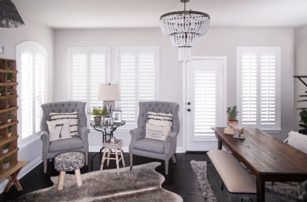 Photo Credit: Whimsy Girl Design Plantation shutters in a home office