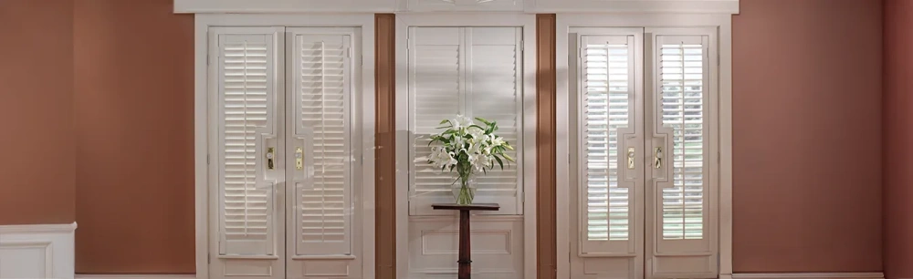 French door shutters in a living room area