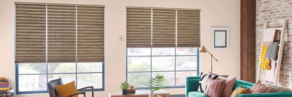Brown shades on windows in a mid-century modern living room