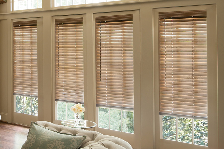 wood blinds in a living room